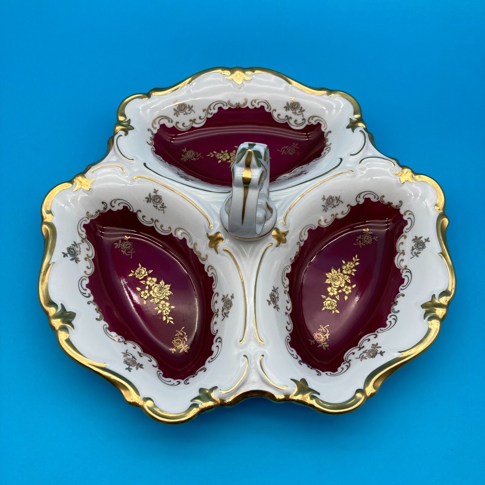 Vtg Reichenbach Burgundy Gold Porcelain 3 Section Divided Relish Serving Dish